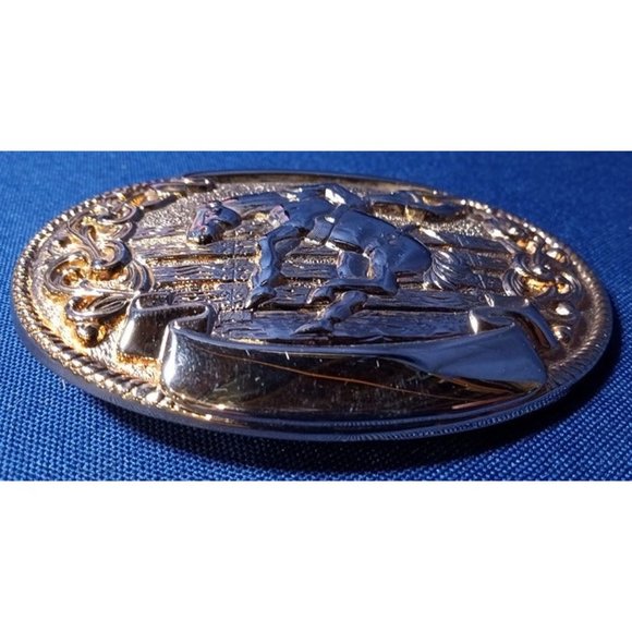 Chambers Brand Cowboy &‎ Horse Motif Gold Tone Belt Buckle - Picture 3 of 4